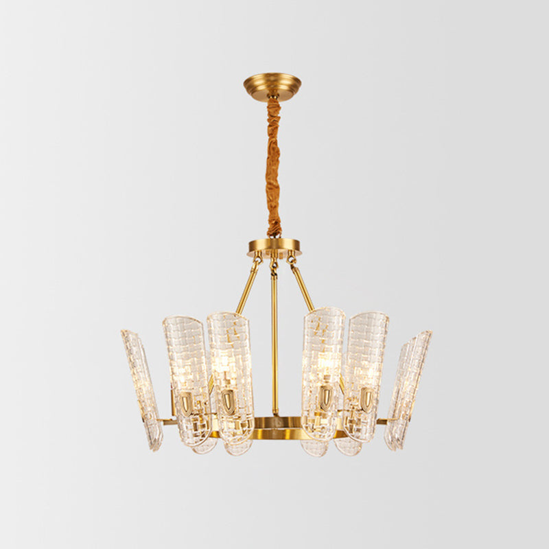 Gold Curved Chandelier Pendant Light Post-Modern Grid Glass Hanging Light for Dining Room 6 Gold Clearhalo 'Ceiling Lights' 'Chandeliers' 'Modern Chandeliers' 'Modern' Lighting' 2136421