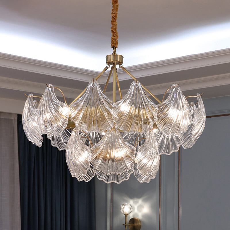 Scallop Shaped Chandelier Light Simplicity Ribbed Glass Gold Pendant Light Fixture 12 Gold Clearhalo 'Ceiling Lights' 'Chandeliers' 'Modern Chandeliers' 'Modern' Lighting' 2136422