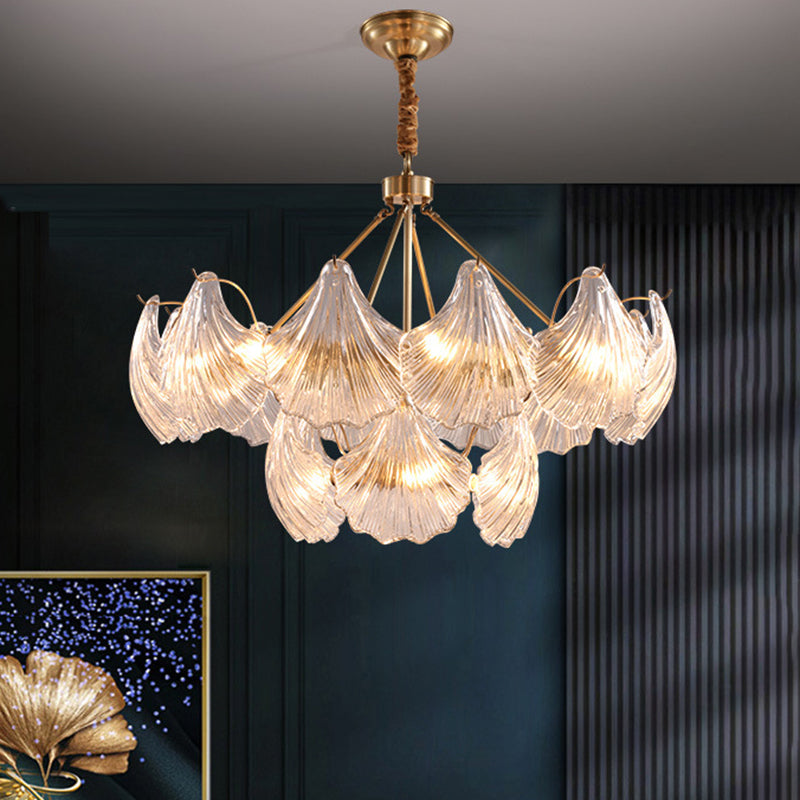 Scallop Shaped Chandelier Light Simplicity Ribbed Glass Gold Pendant Light Fixture Clearhalo 'Ceiling Lights' 'Chandeliers' 'Modern Chandeliers' 'Modern' Lighting' 2136423
