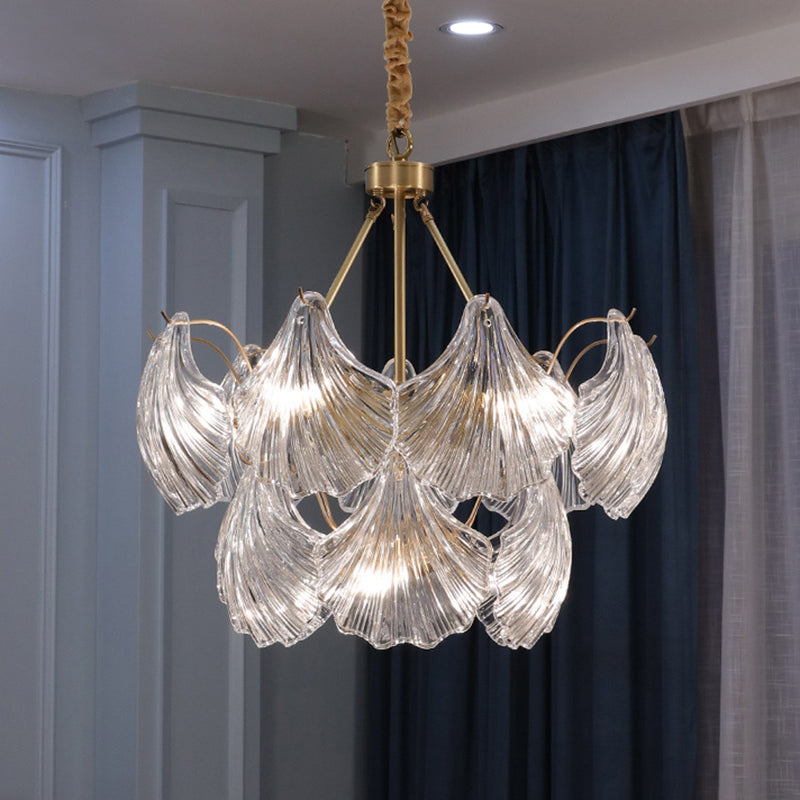 Scallop Shaped Chandelier Light Simplicity Ribbed Glass Gold Pendant Light Fixture Clearhalo 'Ceiling Lights' 'Chandeliers' 'Modern Chandeliers' 'Modern' Lighting' 2136426