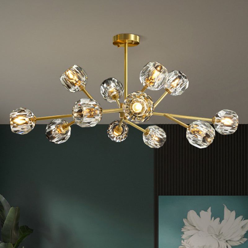Branch Living Room Suspension Light Metal Artistic Chandelier Light with Faceted Crystal Shade in Gold 12 Gold B Clearhalo 'Ceiling Lights' 'Chandeliers' 'Modern Chandeliers' 'Modern' Lighting' 2136434