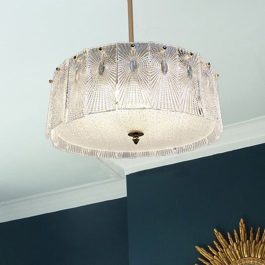 Gold Drum Suspension Light Artistic Clear Carved Glass Chandelier Light for Dining Room Clearhalo 'Ceiling Lights' 'Chandeliers' 'Modern Chandeliers' 'Modern' Lighting' 2136475
