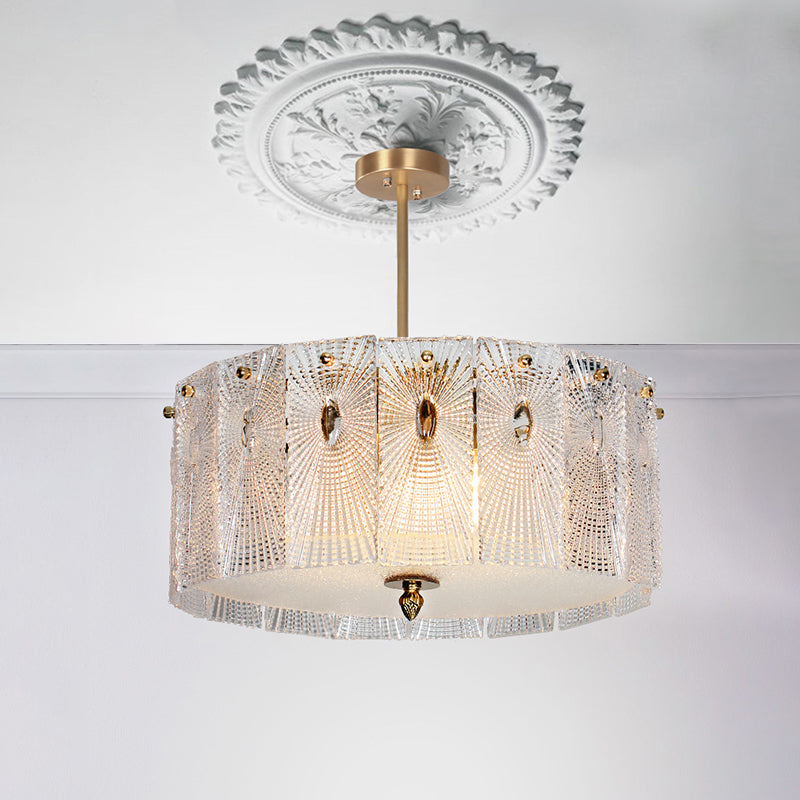 Gold Drum Suspension Light Artistic Clear Carved Glass Chandelier Light for Dining Room Clearhalo 'Ceiling Lights' 'Chandeliers' 'Modern Chandeliers' 'Modern' Lighting' 2136476