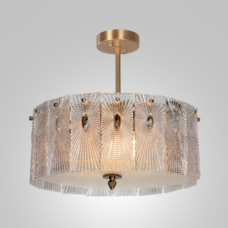 Gold Drum Suspension Light Artistic Clear Carved Glass Chandelier Light for Dining Room Gold 16.5" Clearhalo 'Ceiling Lights' 'Chandeliers' 'Modern Chandeliers' 'Modern' Lighting' 2136477