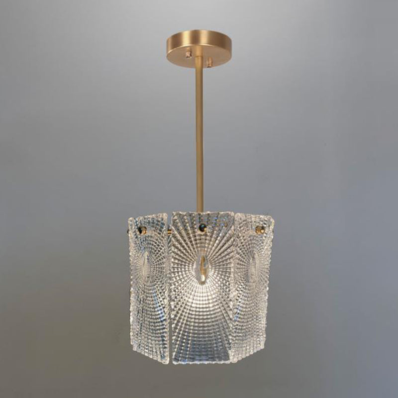 Gold Drum Suspension Light Artistic Clear Carved Glass Chandelier Light for Dining Room Gold 8" Clearhalo 'Ceiling Lights' 'Chandeliers' 'Modern Chandeliers' 'Modern' Lighting' 2136479