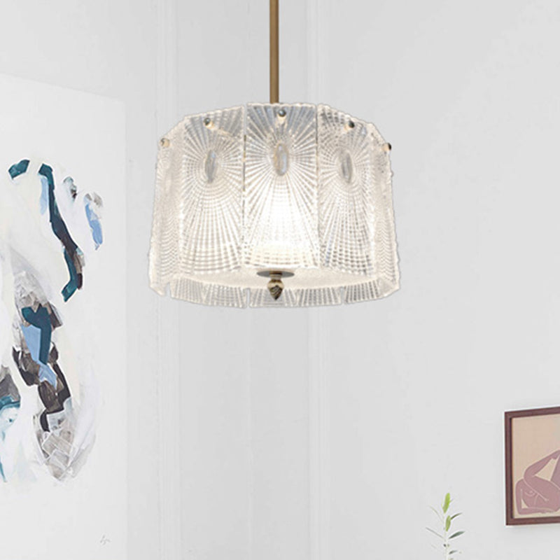 Gold Drum Suspension Light Artistic Clear Carved Glass Chandelier Light for Dining Room Clearhalo 'Ceiling Lights' 'Chandeliers' 'Modern Chandeliers' 'Modern' Lighting' 2136480