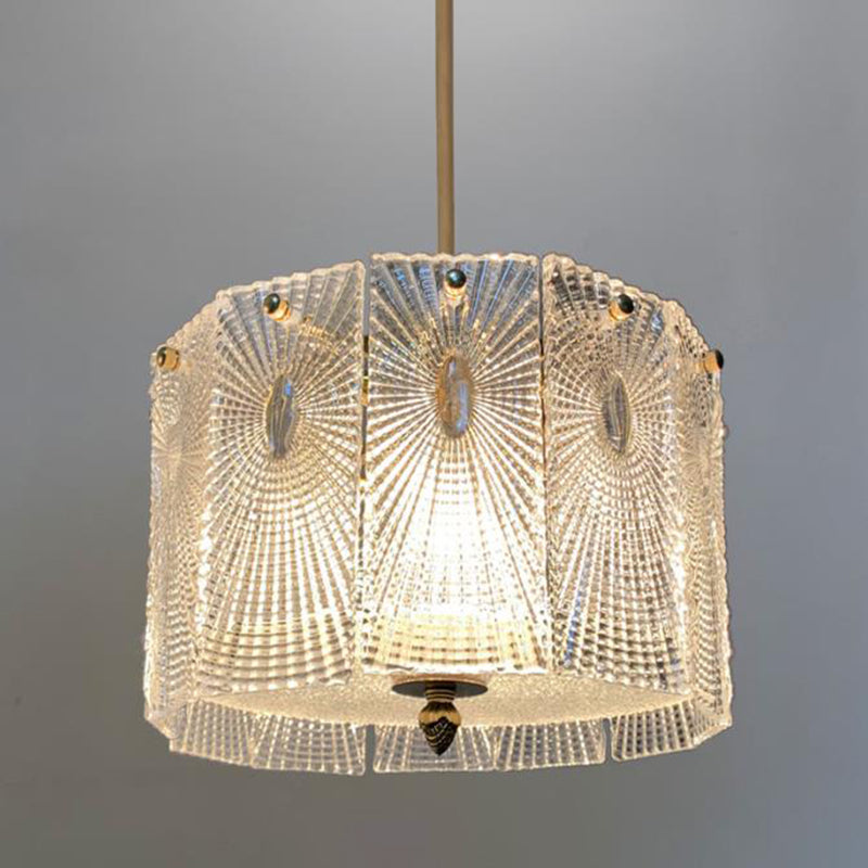 Gold Drum Suspension Light Artistic Clear Carved Glass Chandelier Light for Dining Room Gold 12" Clearhalo 'Ceiling Lights' 'Chandeliers' 'Modern Chandeliers' 'Modern' Lighting' 2136481