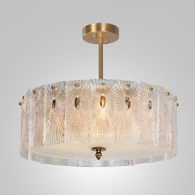 Gold Drum Suspension Light Artistic Clear Carved Glass Chandelier Light for Dining Room Gold 19.5" Clearhalo 'Ceiling Lights' 'Chandeliers' 'Modern Chandeliers' 'Modern' Lighting' 2136482