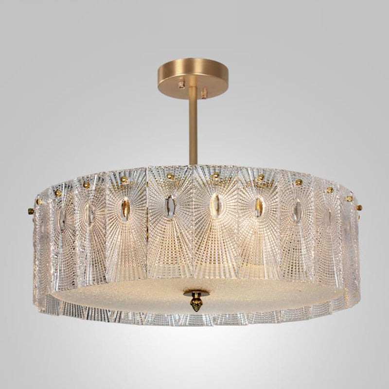 Gold Drum Suspension Light Artistic Clear Carved Glass Chandelier Light for Dining Room Gold 23.5" Clearhalo 'Ceiling Lights' 'Chandeliers' 'Modern Chandeliers' 'Modern' Lighting' 2136483