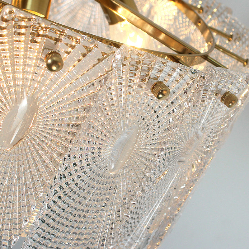 Gold Drum Suspension Light Artistic Clear Carved Glass Chandelier Light for Dining Room Clearhalo 'Ceiling Lights' 'Chandeliers' 'Modern Chandeliers' 'Modern' Lighting' 2136484