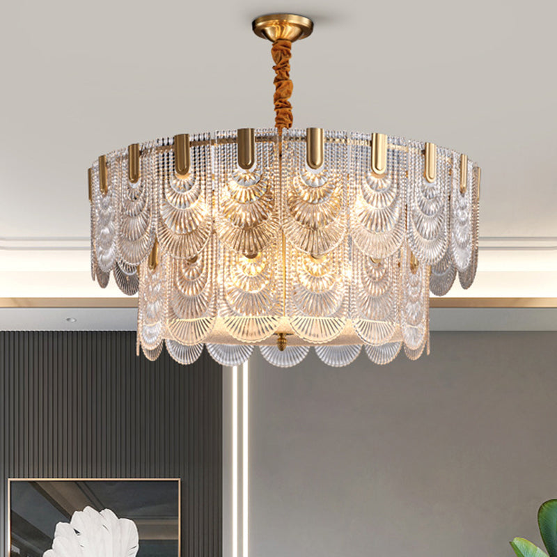 Scalloped Chandelier Lighting Post-Postmodern Ripple Glass Gold Pendant Light for Living Room Gold 2 Tiers 23.5" Clearhalo 'Ceiling Lights' 'Chandeliers' 'Modern Chandeliers' 'Modern' Lighting' 2136485