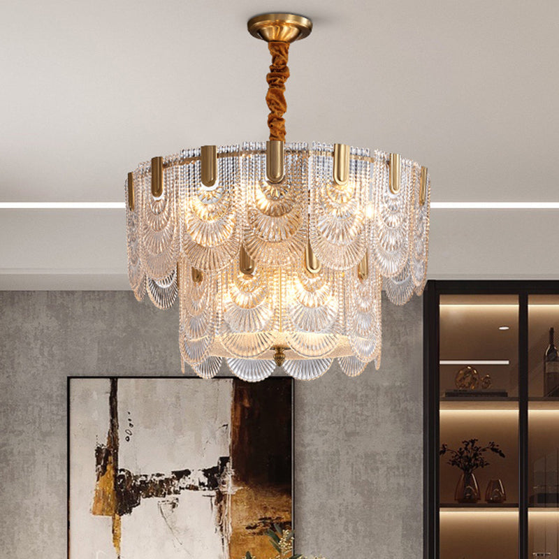 Scalloped Chandelier Lighting Post-Postmodern Ripple Glass Gold Pendant Light for Living Room Gold 2 Tiers 20.5" Clearhalo 'Ceiling Lights' 'Chandeliers' 'Modern Chandeliers' 'Modern' Lighting' 2136487