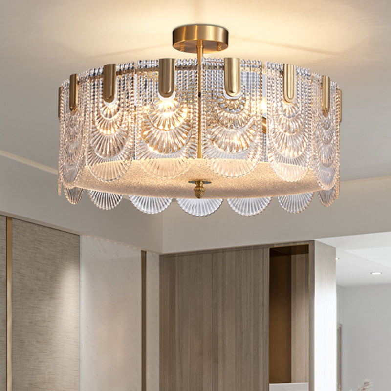 Scalloped Chandelier Lighting Post-Postmodern Ripple Glass Gold Pendant Light for Living Room Gold 1 Tier 23.5" Clearhalo 'Ceiling Lights' 'Chandeliers' 'Modern Chandeliers' 'Modern' Lighting' 2136490