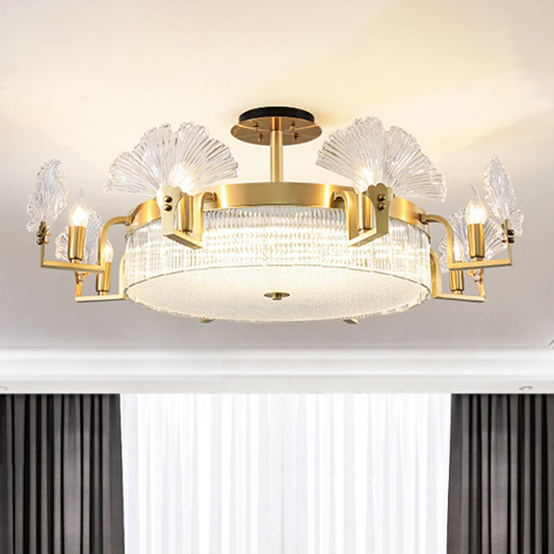 Ginkgo Leaf Shaped Living Room Chandelier Light Ribbed Glass Simplicity Pendant Light Fixture in Gold Gold Large Round Clearhalo 'Ceiling Lights' 'Chandeliers' 'Modern Chandeliers' 'Modern' Lighting' 2136494