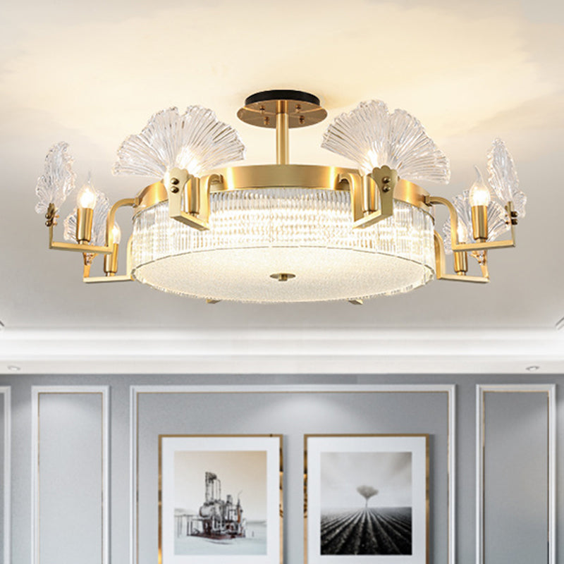 Ginkgo Leaf Shaped Living Room Chandelier Light Ribbed Glass Simplicity Pendant Light Fixture in Gold Clearhalo 'Ceiling Lights' 'Chandeliers' 'Modern Chandeliers' 'Modern' Lighting' 2136495