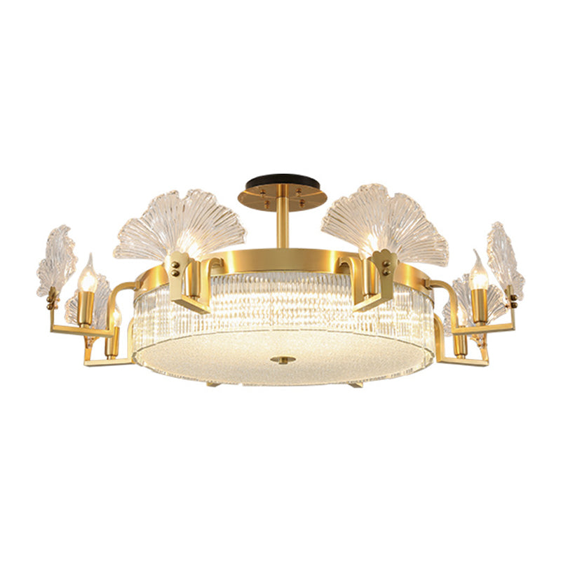 Ginkgo Leaf Shaped Living Room Chandelier Light Ribbed Glass Simplicity Pendant Light Fixture in Gold Clearhalo 'Ceiling Lights' 'Chandeliers' 'Modern Chandeliers' 'Modern' Lighting' 2136496