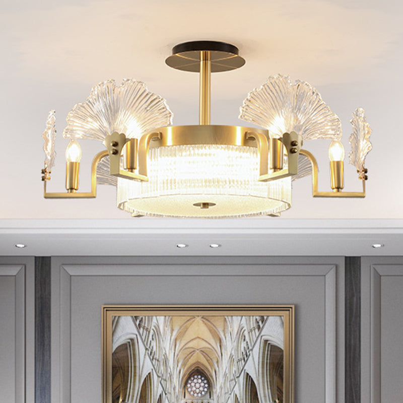 Ginkgo Leaf Shaped Living Room Chandelier Light Ribbed Glass Simplicity Pendant Light Fixture in Gold Gold Small Round Clearhalo 'Ceiling Lights' 'Chandeliers' 'Modern Chandeliers' 'Modern' Lighting' 2136497