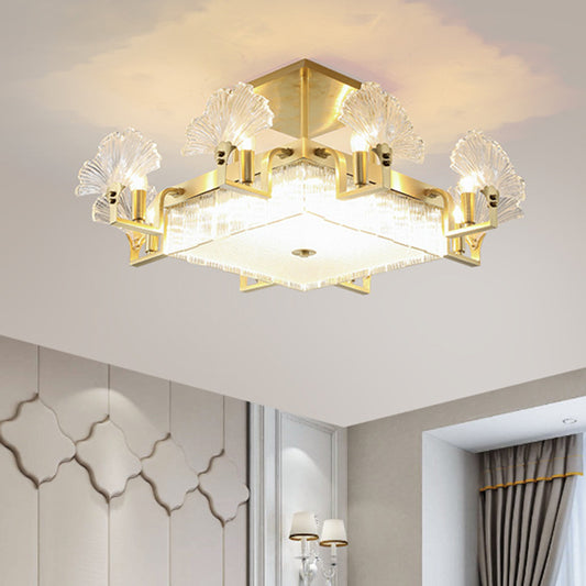 Ginkgo Leaf Shaped Living Room Chandelier Light Ribbed Glass Simplicity Pendant Light Fixture in Gold Gold Large Square Plate Clearhalo 'Ceiling Lights' 'Chandeliers' 'Modern Chandeliers' 'Modern' Lighting' 2136498
