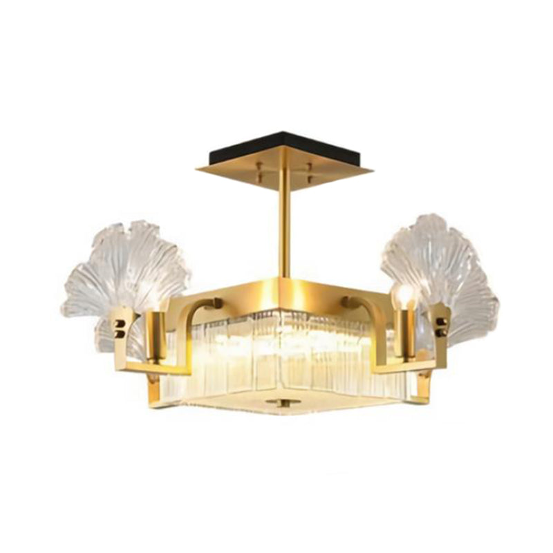 Ginkgo Leaf Shaped Living Room Chandelier Light Ribbed Glass Simplicity Pendant Light Fixture in Gold Gold Small Square Plate Clearhalo 'Ceiling Lights' 'Chandeliers' 'Modern Chandeliers' 'Modern' Lighting' 2136499