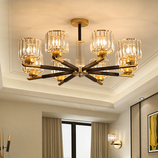 Cylinder Ceiling Lighting Postmodern Ribbed Glass Living Room Chandelier Light Fixture in Gold 8 Gold Clearhalo 'Ceiling Lights' 'Chandeliers' 'Modern Chandeliers' 'Modern' Lighting' 2136515
