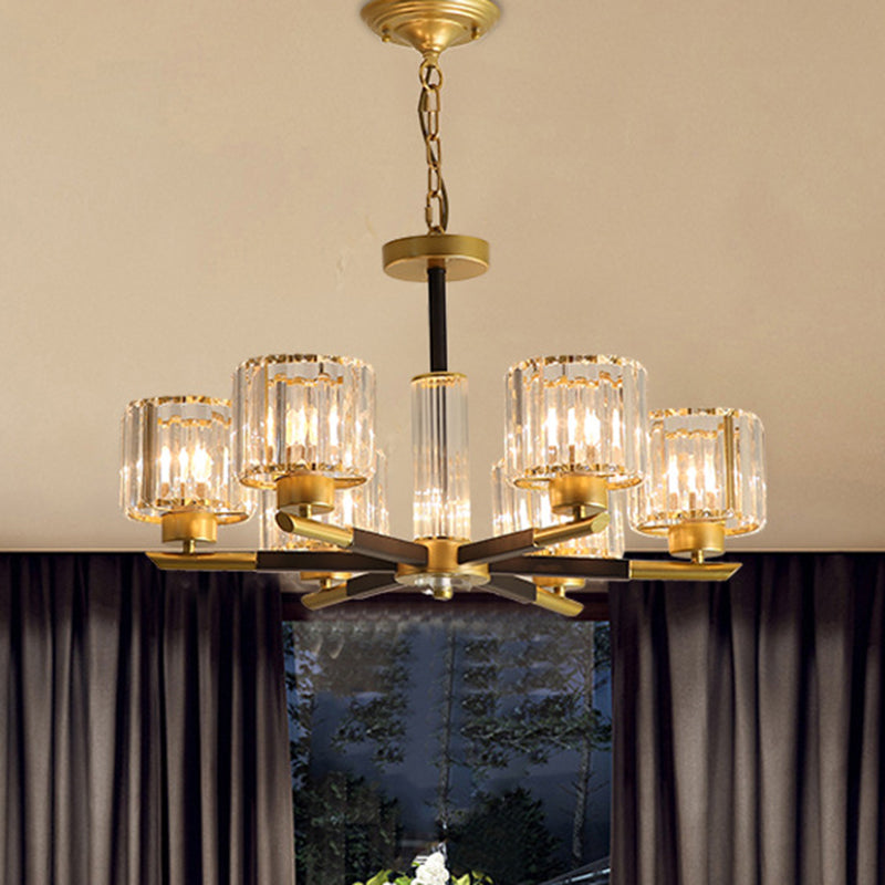 Cylinder Ceiling Lighting Postmodern Ribbed Glass Living Room Chandelier Light Fixture in Gold 6 Gold Clearhalo 'Ceiling Lights' 'Chandeliers' 'Modern Chandeliers' 'Modern' Lighting' 2136517