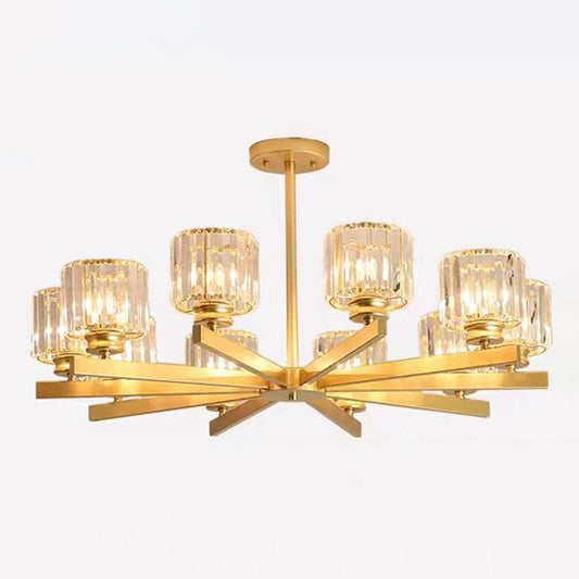 Tri-Prism Crystal Cylindrical Shade Chandelier Pendant Light Post-Modern Hanging Light for Living Room 10 Gold Clearhalo 'Ceiling Lights' 'Chandeliers' 'Modern Chandeliers' 'Modern' Lighting' 2136519