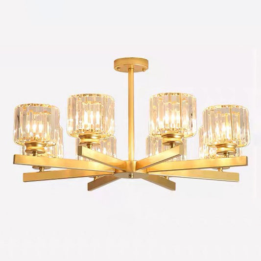 Tri-Prism Crystal Cylindrical Shade Chandelier Pendant Light Post-Modern Hanging Light for Living Room 8 Gold Clearhalo 'Ceiling Lights' 'Chandeliers' 'Modern Chandeliers' 'Modern' Lighting' 2136521