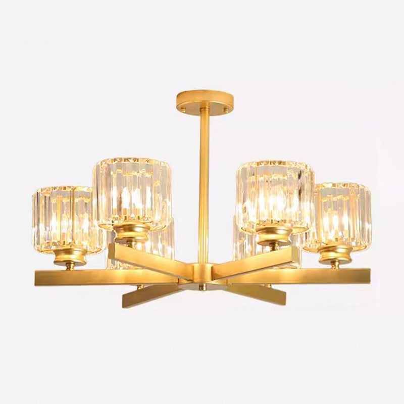 Tri-Prism Crystal Cylindrical Shade Chandelier Pendant Light Post-Modern Hanging Light for Living Room 6 Gold Clearhalo 'Ceiling Lights' 'Chandeliers' 'Modern Chandeliers' 'Modern' Lighting' 2136522