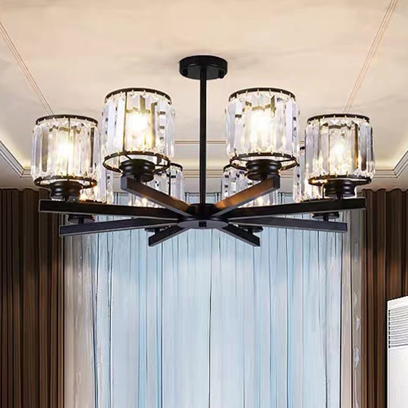 Tri-Prism Crystal Cylindrical Shade Chandelier Pendant Light Post-Modern Hanging Light for Living Room 8 Black Clearhalo 'Ceiling Lights' 'Chandeliers' 'Modern Chandeliers' 'Modern' Lighting' 2136524