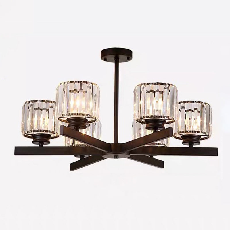 Tri-Prism Crystal Cylindrical Shade Chandelier Pendant Light Post-Modern Hanging Light for Living Room 6 Black Clearhalo 'Ceiling Lights' 'Chandeliers' 'Modern Chandeliers' 'Modern' Lighting' 2136528