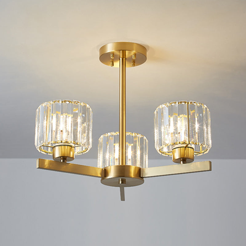 Cylinder Tri-Prism Crystal Chandelier Light Simplicity 3 Bulbs Gold Pendant Light Fixture Gold Clearhalo 'Ceiling Lights' 'Chandeliers' 'Modern Chandeliers' 'Modern' Lighting' 2136529
