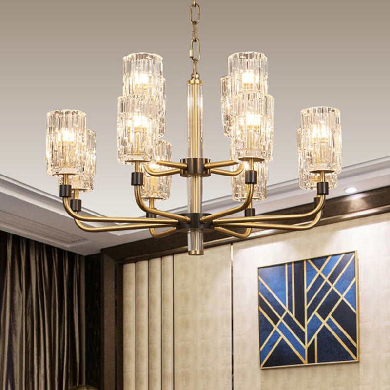 Cylinder Shade Chandelier Lighting Minimalist Prismatic Crystal Gold Pendant Light 12 Gold Clearhalo 'Ceiling Lights' 'Chandeliers' 'Modern Chandeliers' 'Modern' Lighting' 2136546