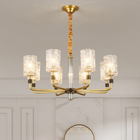Cylinder Shade Chandelier Lighting Minimalist Prismatic Crystal Gold Pendant Light 8 Gold Clearhalo 'Ceiling Lights' 'Chandeliers' 'Modern Chandeliers' 'Modern' Lighting' 2136548