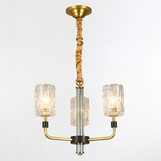 Cylinder Shade Chandelier Lighting Minimalist Prismatic Crystal Gold Pendant Light 3 Gold Clearhalo 'Ceiling Lights' 'Chandeliers' 'Modern Chandeliers' 'Modern' Lighting' 2136551