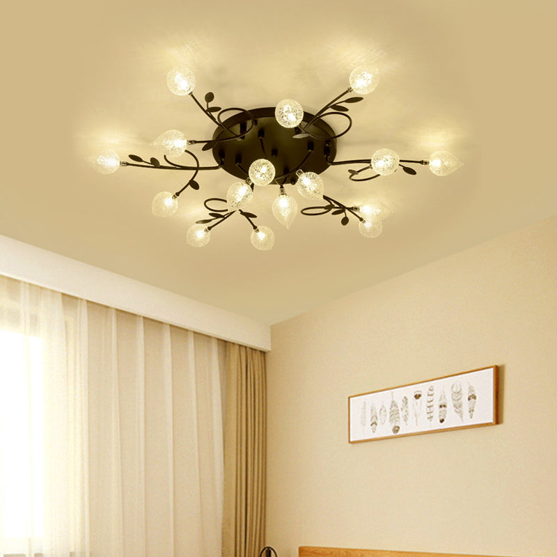 Branch Bubbled Glass Ceiling Lighting Contemporary 8/12/16/20 Lights Black/Gold Flush Mount Ceiling Fixture with Metal Arm 16 Black Clearhalo 'Ceiling Lights' 'Chandeliers' 'Close To Ceiling Lights' 'Close to ceiling' 'Glass shade' 'Glass' 'Semi-flushmount' Lighting' 213656