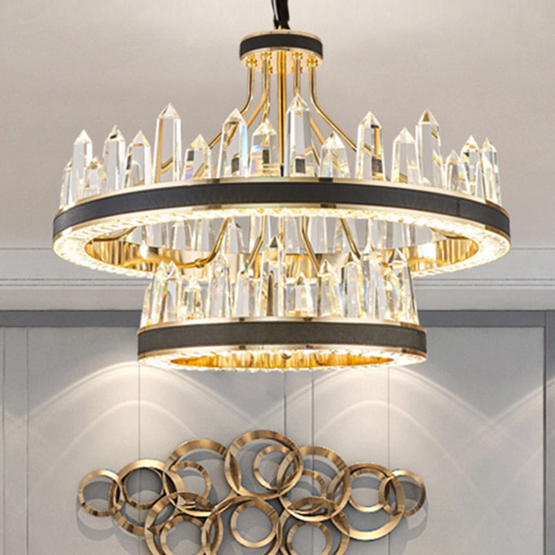 Black Icicle Shaped Chandelier Lighting Minimalist K9 Crystal Pendant Light for Living Room Black 2 Tiers 39.5" Clearhalo 'Ceiling Lights' 'Chandeliers' 'Modern Chandeliers' 'Modern' Lighting' 2136583