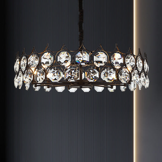 Geometric Living Room Chandelier Pendant Light Beveled Crystal Post-Modern Hanging Light in Black Black Medium Round Clearhalo 'Ceiling Lights' 'Chandeliers' 'Modern Chandeliers' 'Modern' Lighting' 2136599