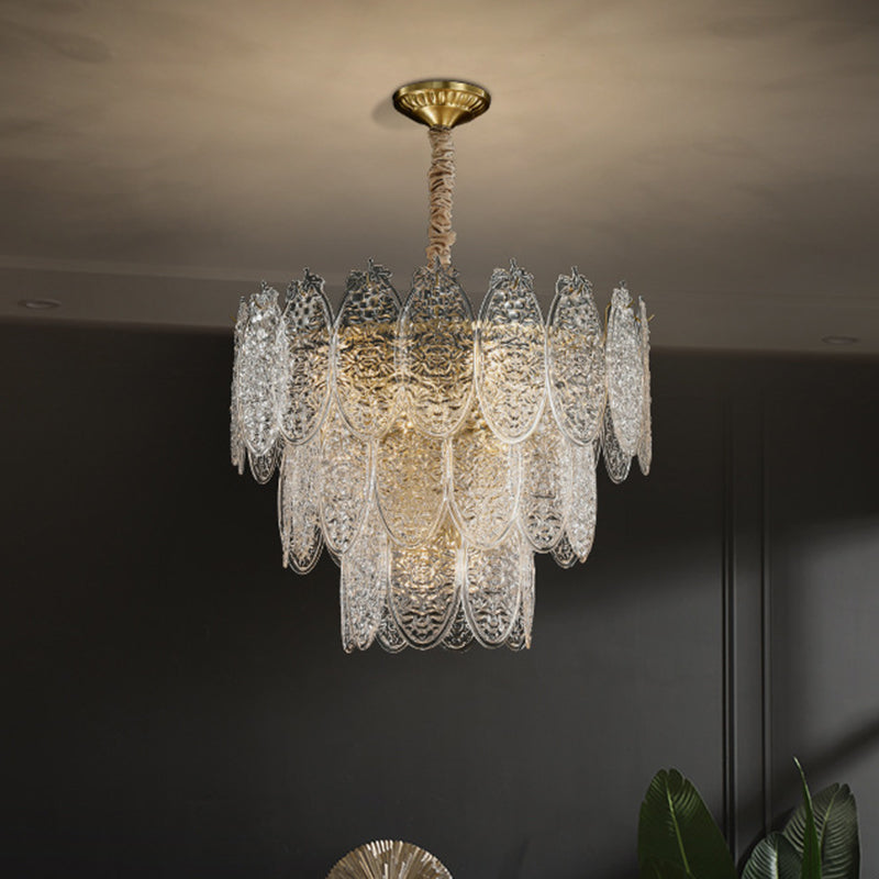 Post-Modern Oval Shaped Chandelier Pendant Light Textured Glass Living Room Hanging Light in Gold 12 Gold Clearhalo 'Ceiling Lights' 'Chandeliers' 'Modern Chandeliers' 'Modern' Lighting' 2136668