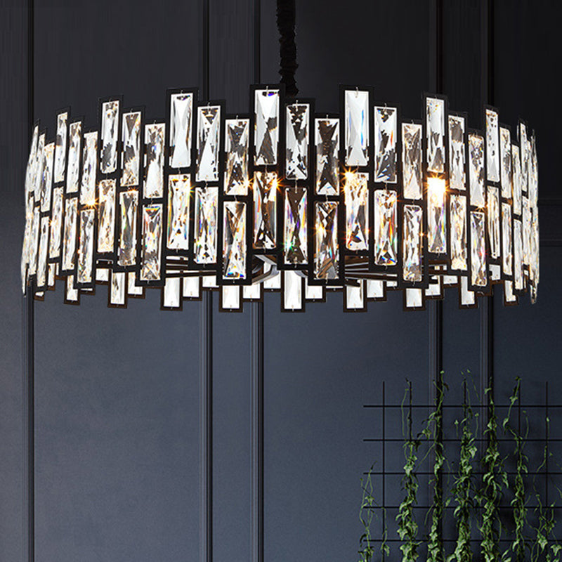 Drum Shaped Beveled Crystal Chandelier Lighting Minimalist Black Pendant Light for Living Room Clearhalo 'Ceiling Lights' 'Chandeliers' 'Modern Chandeliers' 'Modern' Lighting' 2136691