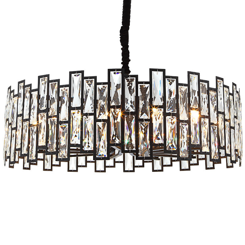 Drum Shaped Beveled Crystal Chandelier Lighting Minimalist Black Pendant Light for Living Room Black 39.5" Clearhalo 'Ceiling Lights' 'Chandeliers' 'Modern Chandeliers' 'Modern' Lighting' 2136695