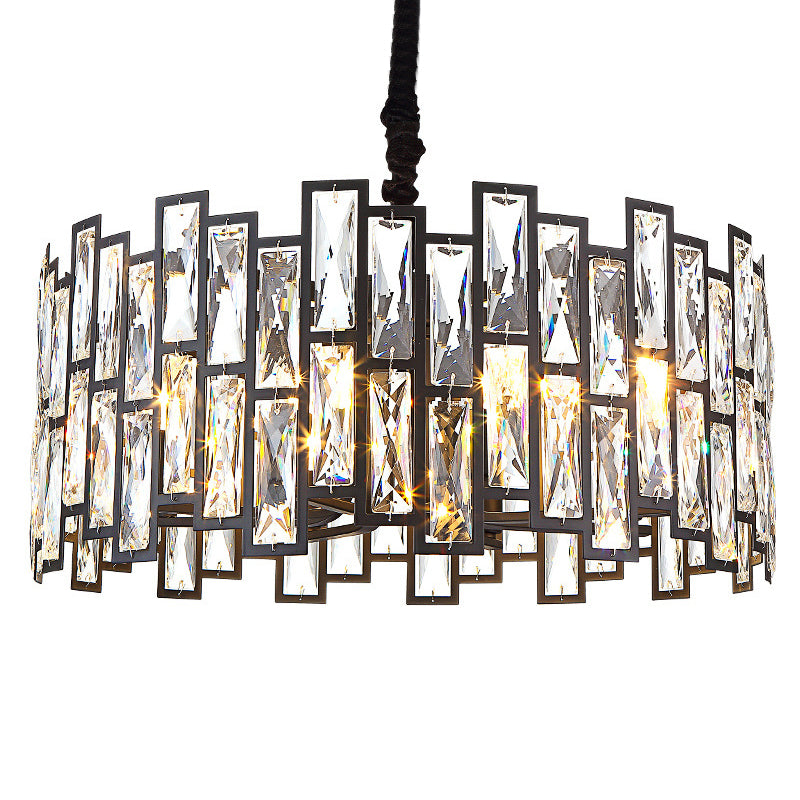 Drum Shaped Beveled Crystal Chandelier Lighting Minimalist Black Pendant Light for Living Room Black 23.5" Clearhalo 'Ceiling Lights' 'Chandeliers' 'Modern Chandeliers' 'Modern' Lighting' 2136697