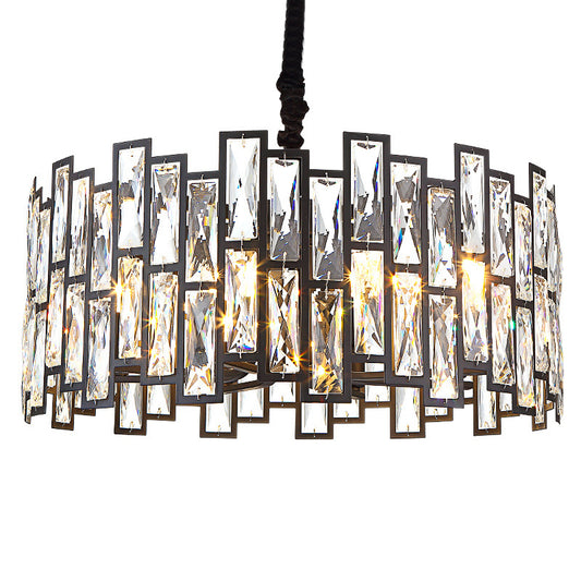 Drum Shaped Beveled Crystal Chandelier Lighting Minimalist Black Pendant Light for Living Room Black 23.5" Clearhalo 'Ceiling Lights' 'Chandeliers' 'Modern Chandeliers' 'Modern' Lighting' 2136697