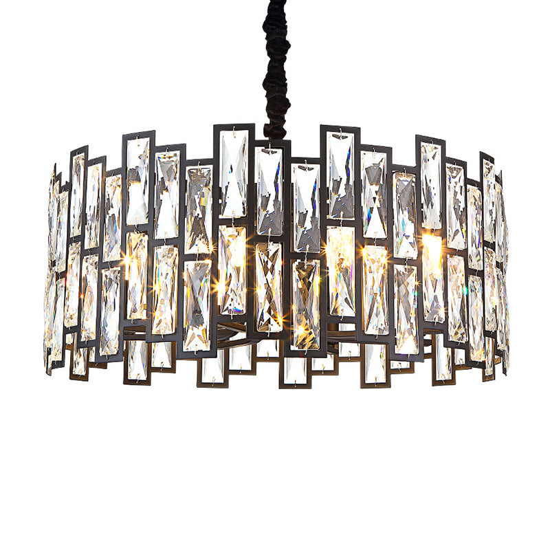 Drum Shaped Beveled Crystal Chandelier Lighting Minimalist Black Pendant Light for Living Room Black 19.5" Clearhalo 'Ceiling Lights' 'Chandeliers' 'Modern Chandeliers' 'Modern' Lighting' 2136698