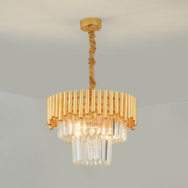 Artistic Tiered Round Suspension Light Clear Crystal Living Room Chandelier Light in Gold Gold 15.5" Clearhalo 'Ceiling Lights' 'Chandeliers' 'Modern Chandeliers' 'Modern' Lighting' 2136757