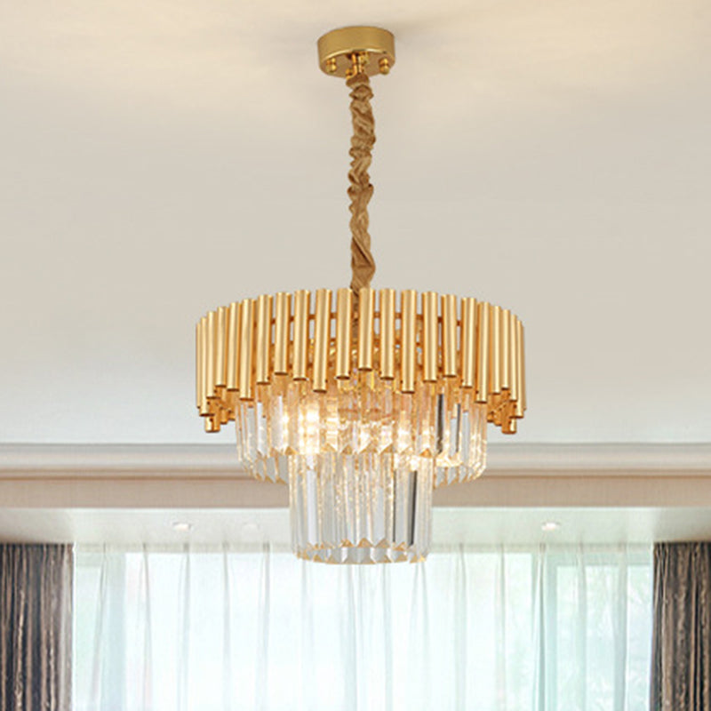 Artistic Tiered Round Suspension Light Clear Crystal Living Room Chandelier Light in Gold Clearhalo 'Ceiling Lights' 'Chandeliers' 'Modern Chandeliers' 'Modern' Lighting' 2136758
