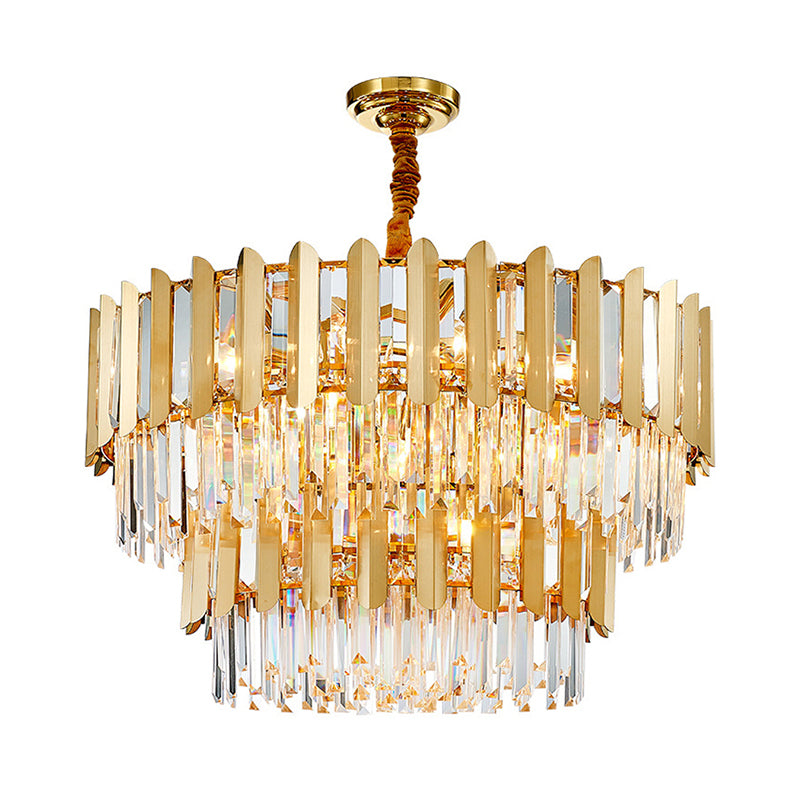 Prismatic Crystal Drum Shaped Ceiling Lighting Postmodern Gold Chandelier Light Fixture Gold 2 Tiers 31.5" Clearhalo 'Ceiling Lights' 'Chandeliers' 'Modern Chandeliers' 'Modern' Lighting' 2136771