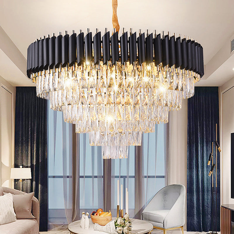 Layered Living Room Chandelier Lighting Minimalist K9 Crystal Postmodern Chandelier Light Fixture in Black Black Large Round Clearhalo 'Ceiling Lights' 'Chandeliers' 'Modern Chandeliers' 'Modern' Lighting' 2136801