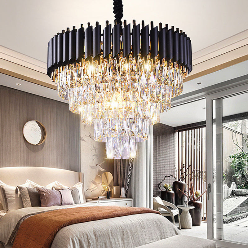 Layered Living Room Chandelier Lighting Minimalist K9 Crystal Postmodern Chandelier Light Fixture in Black Black Medium Round Clearhalo 'Ceiling Lights' 'Chandeliers' 'Modern Chandeliers' 'Modern' Lighting' 2136803