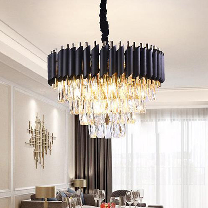 Layered Living Room Chandelier Lighting Minimalist K9 Crystal Postmodern Chandelier Light Fixture in Black Black Small Round Clearhalo 'Ceiling Lights' 'Chandeliers' 'Modern Chandeliers' 'Modern' Lighting' 2136804