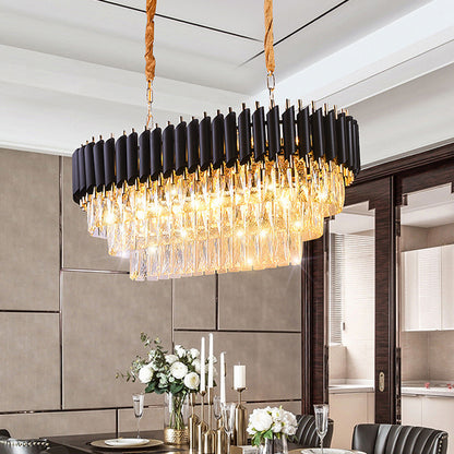 Layered Living Room Chandelier Lighting Minimalist K9 Crystal Postmodern Chandelier Light Fixture in Black Black Oval Clearhalo 'Ceiling Lights' 'Chandeliers' 'Modern Chandeliers' 'Modern' Lighting' 2136805